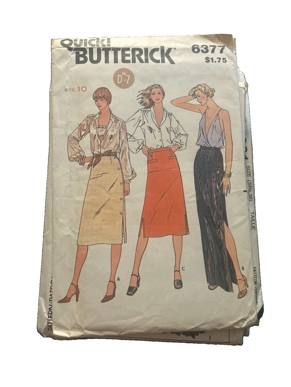 Vintage Butterick 6377 Women Size 10 Skirts Three Styles Evening Slit Buttons